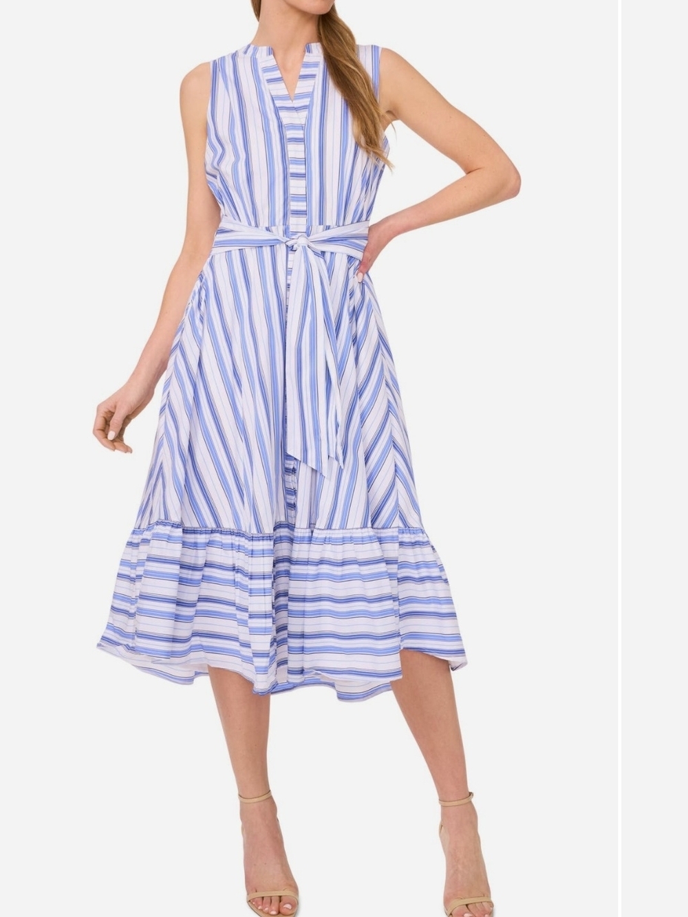 Halogen Blue & White Striped Sleeveless Tie-Waist Midi Dress
